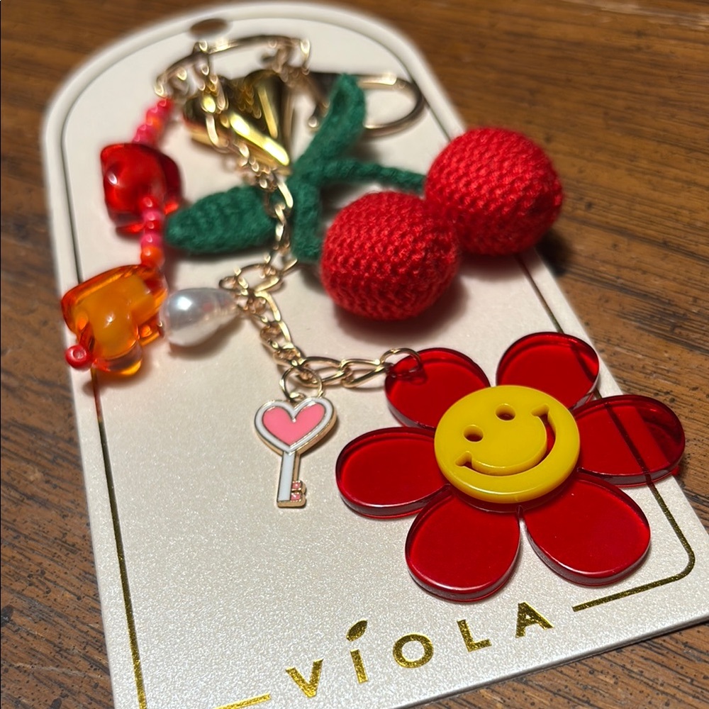 Cherry and Flower Bag Charm Keychain with Red and Pink Accents - Picture 5 of 8